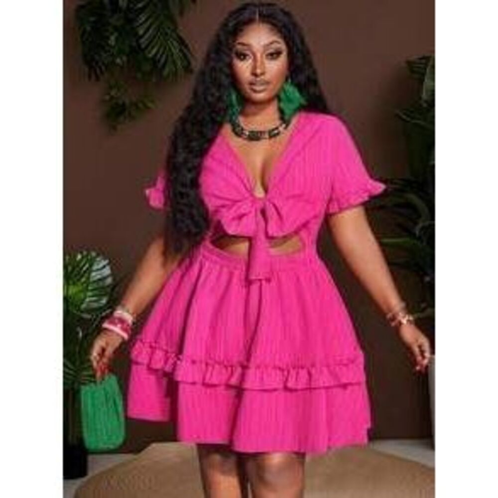 Slaydiva Sexy Bodycon Solid Fuchsia Mini Dress With Ruffle Trim, Chest Tie-Up D…